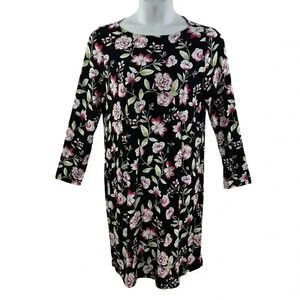 J. Jill Wearever Collection L Black Floral Print Dress 3/4 Sleeve Hiking Lagon